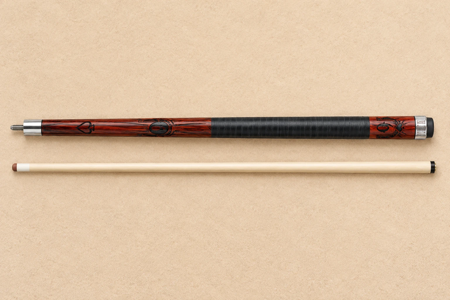 Illustrated Outlaw OL14 cherry red cue and matching maple shaft