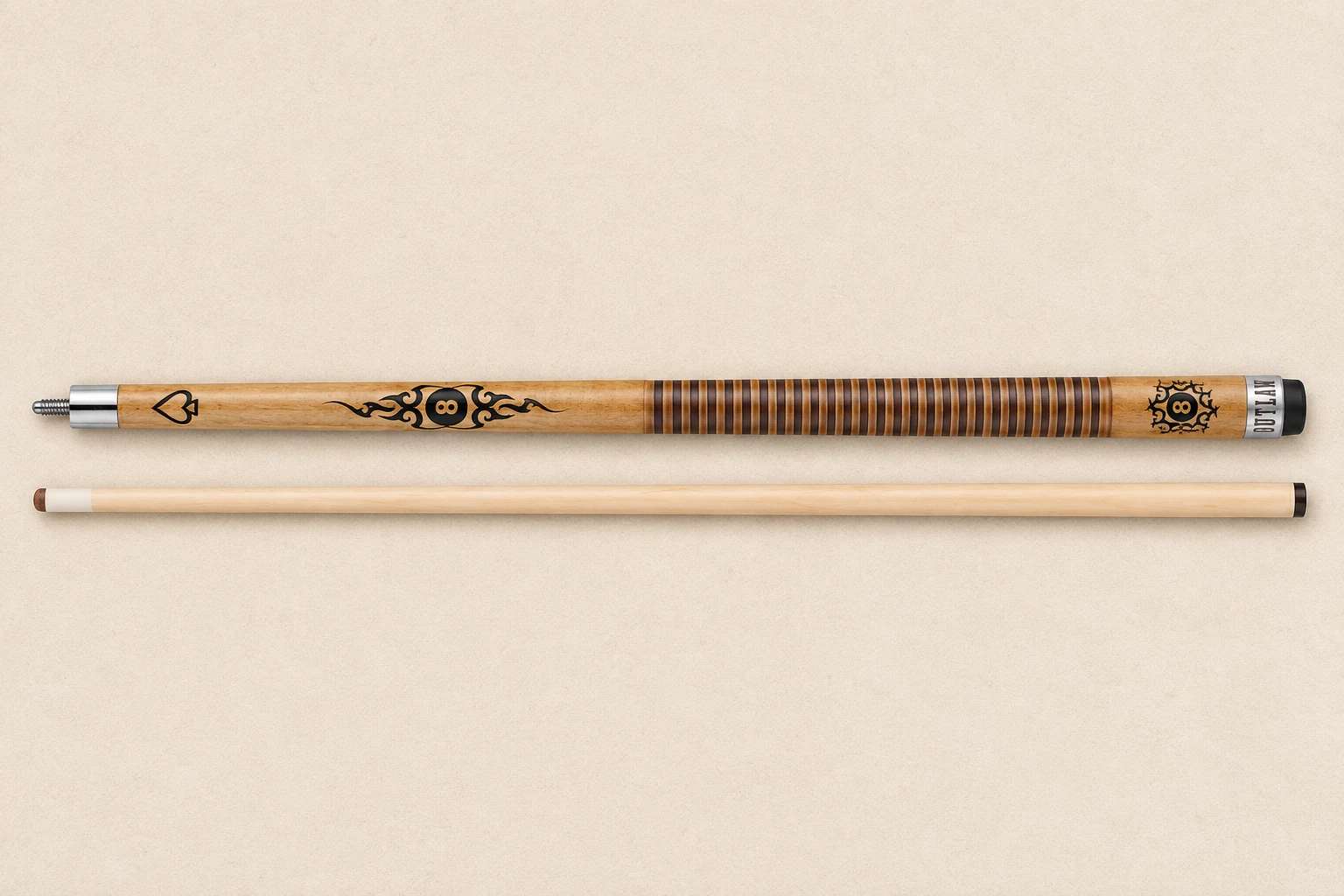 Illustrated Outlaw OL29 8-ball cue with stacked brown leather wrap
