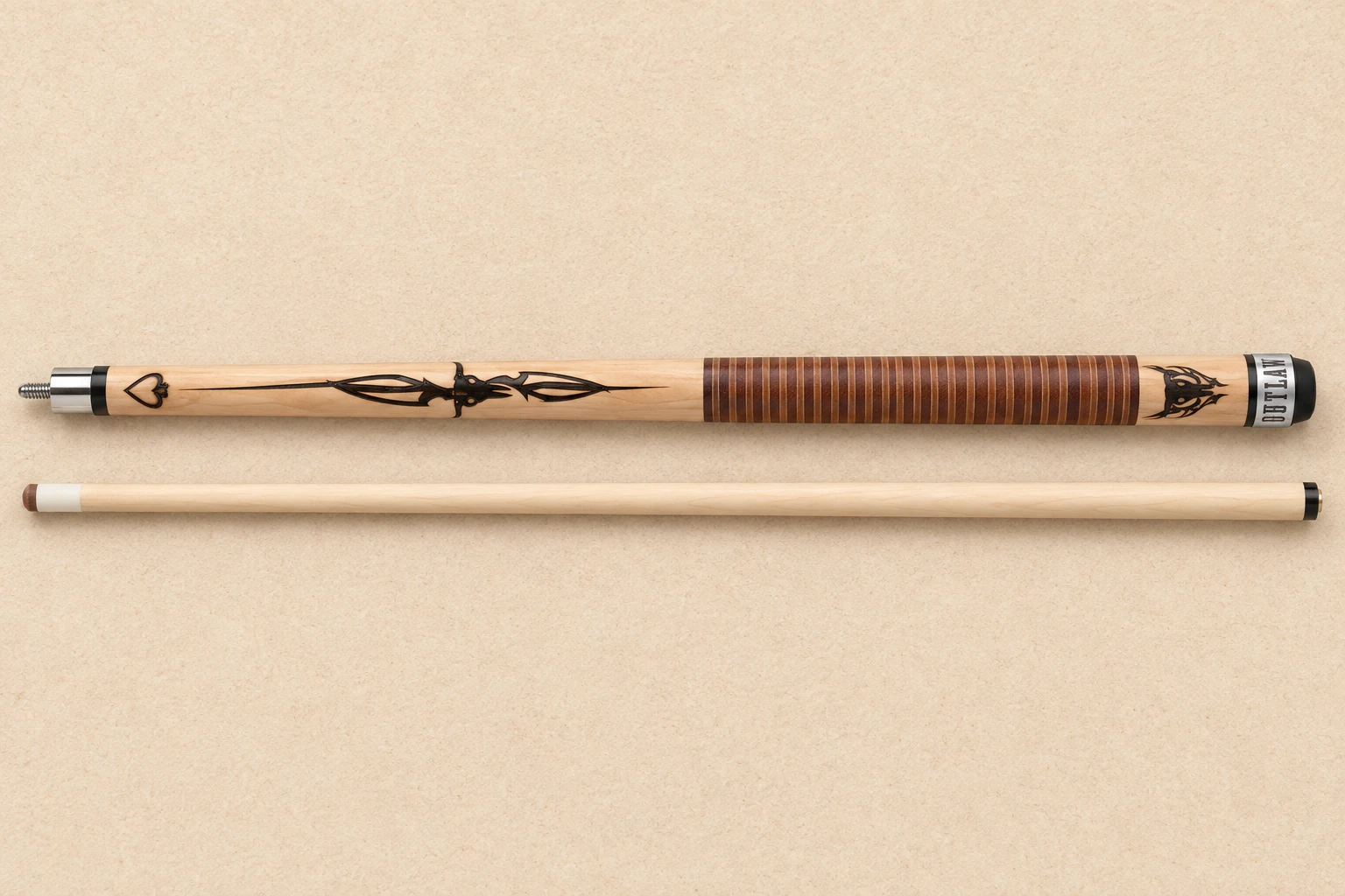 Illustrated Outlaw OL42 cattle skull cue and maple shaft