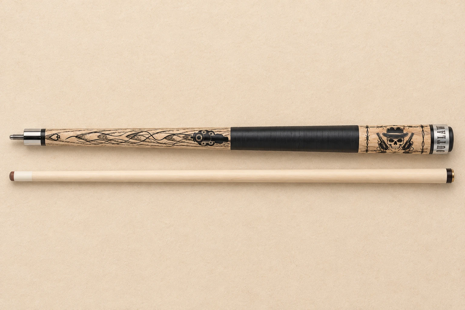 Illustrated Outlaw OL52 Thunder cue with black wrap and bandit artwork